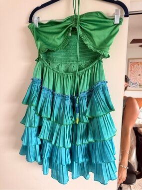 Rococo Sand Bright Green & Teal Layered Ruffle Dress